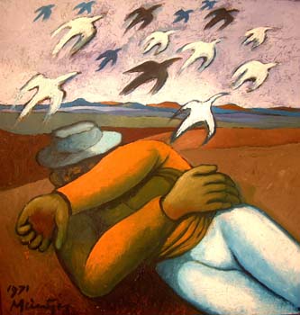 1971 Reclining figure with birds in landscape 610x610mm