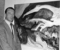 Brian Bradshaw with one of his paintings at Gallery 101, Johannesburg, in October, 1964