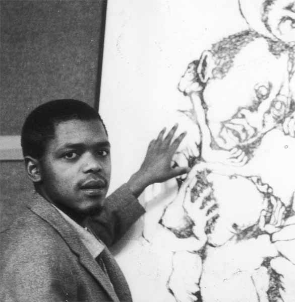 DUMILE explaining one of his larger drawings at the Durban Art Gallery, 1966