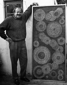Eduard Ladan with his panel "16521 nails", 1966 - 190x100cm - 181 kg (img Merwyn Saxe)