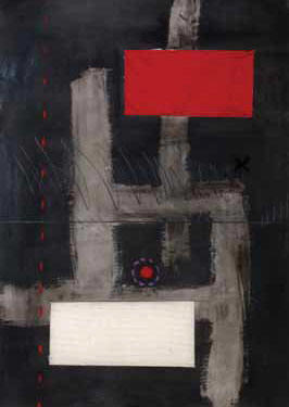 Lucas SEAGE "Abstract composition with red" - m/med. on paper - 70x49 cm
