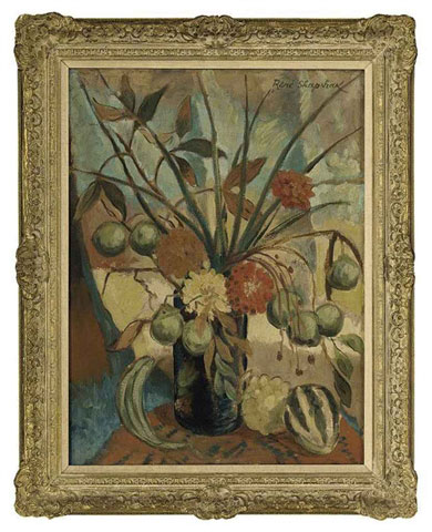 Rene SHAPSHAK "Still life - assorted flowers with melon and grapes 61.6x45.7 cm Lot 690