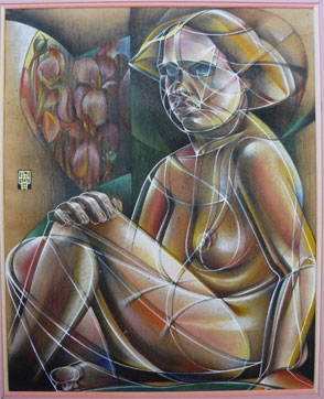 Alex WAGNER "Girl with a migraine" conté/gouache 52x43 cm (img Carn-Du Fine Arts, Cornwall)