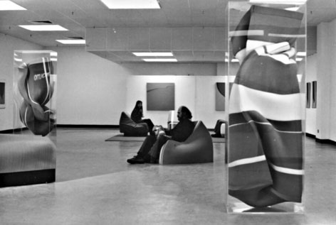 Claude van Lingen in attendance at his exhibition of "flexibles" (foam sculptures) at the Carlton Centre, Johannesburg, in 1976