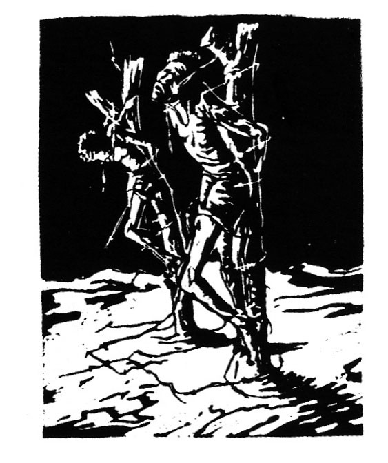 Shadrack HLALELE Lynched figures, undated  linocut  28x21.6 cm  ELC Collection () ISBN 1-919930-13-2