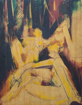 JJ den Houting Nudes in a forest, 1974  incised painted wood panel  106x81 cm  Lot 511