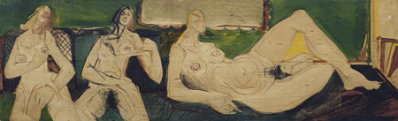 JJ den Houting Three nudes, 1974  incised painted wood panel  198x60 cm  Lot 587