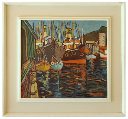 John McLAREN "In the Alfred Basin Cape Town docks" - signed J McLaren IX.LIV (9/54)