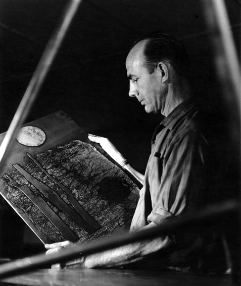 Eben Leibbrandt holding one his original copper plates shown at Gallery 101 in August, 1962